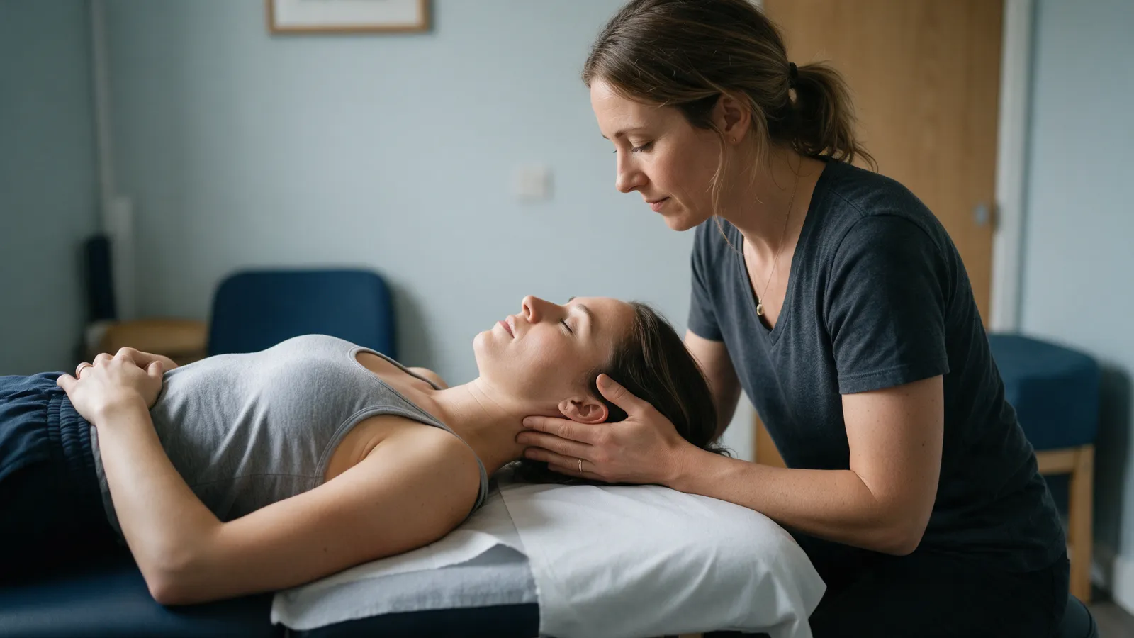 An osteopath gently cradling the head and neck of a woman lying on her back on a treatment couch, eyes closed