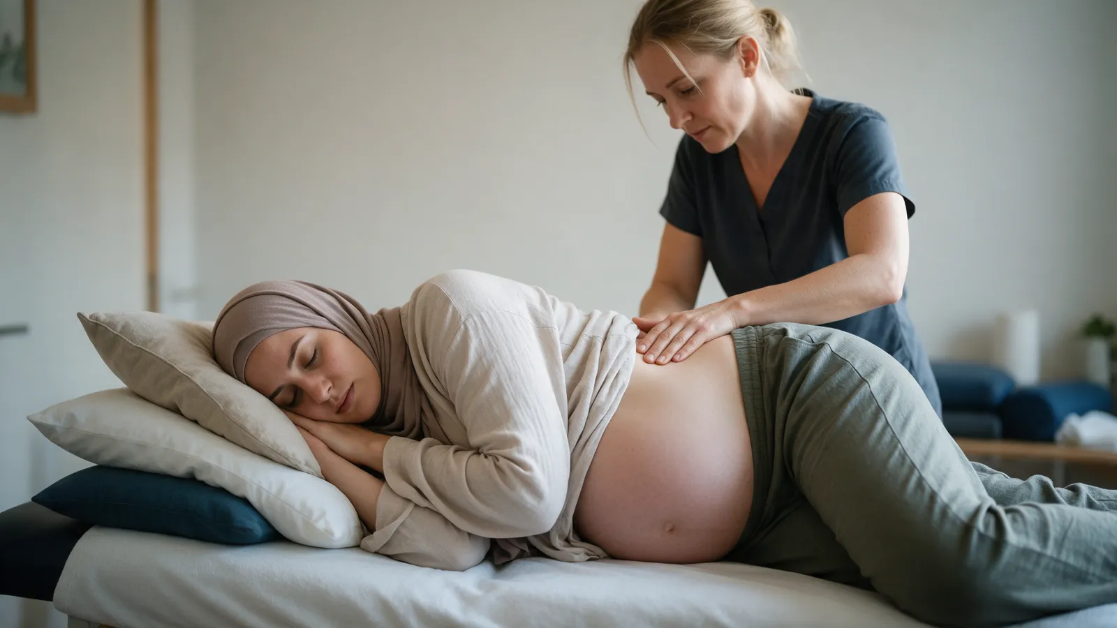 A heavily pregnant woman lying on her side on a treatment couch, supported by pillows, while an osteopath works gently on her lower back