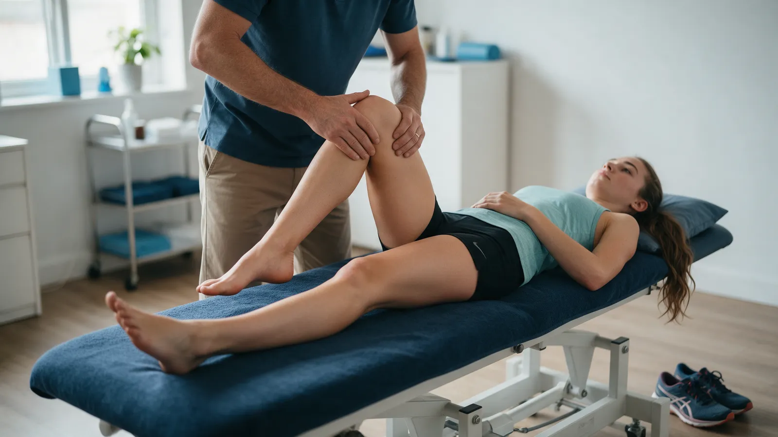 An osteopath testing the knee of a young woman runner lying on a treatment couch, her trainers on the floor beside it