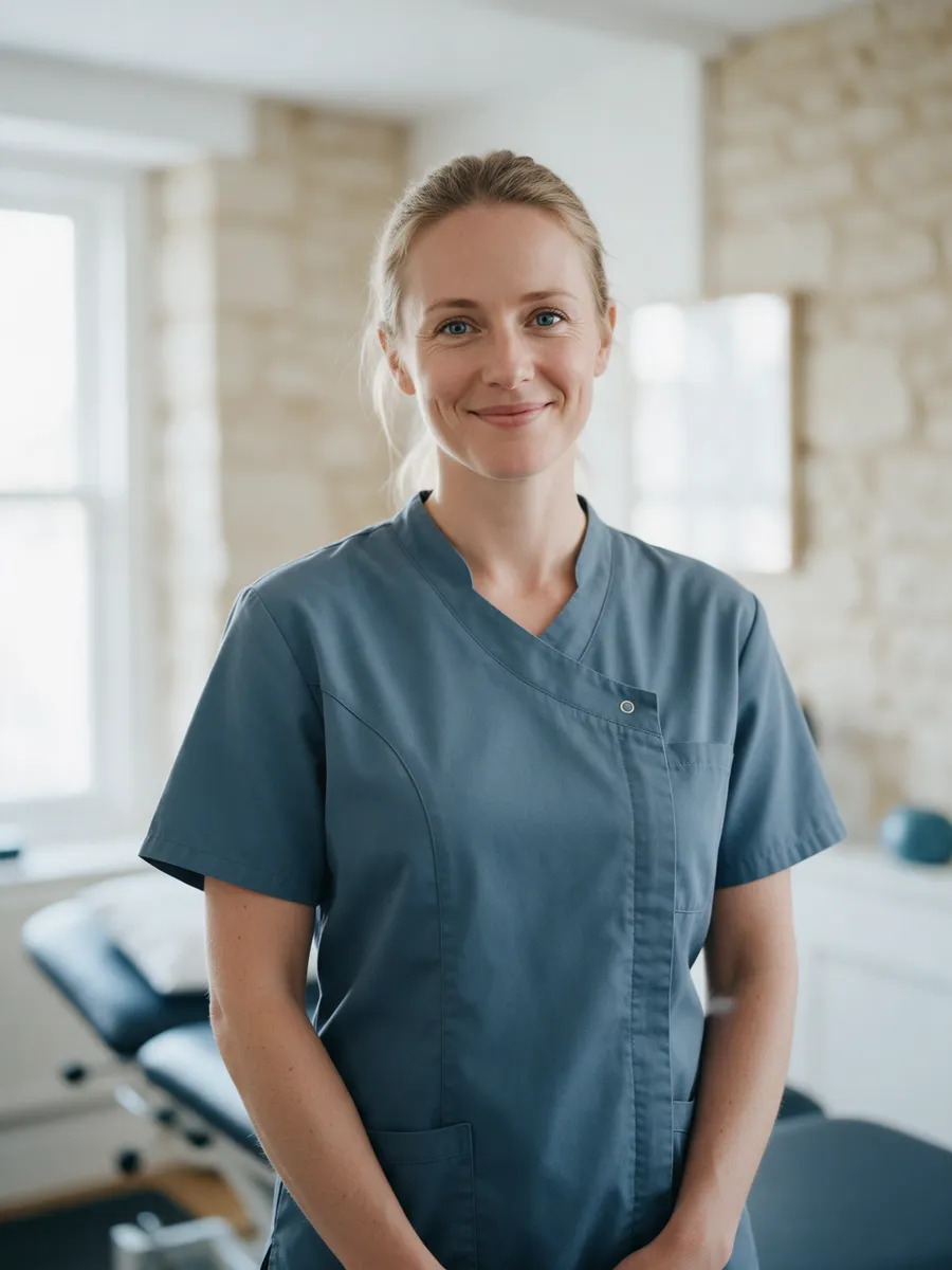 Anna Kowalska, an osteopath in her thirties with fair hair tied back and a bluestone tunic, smiling in a bright treatment room