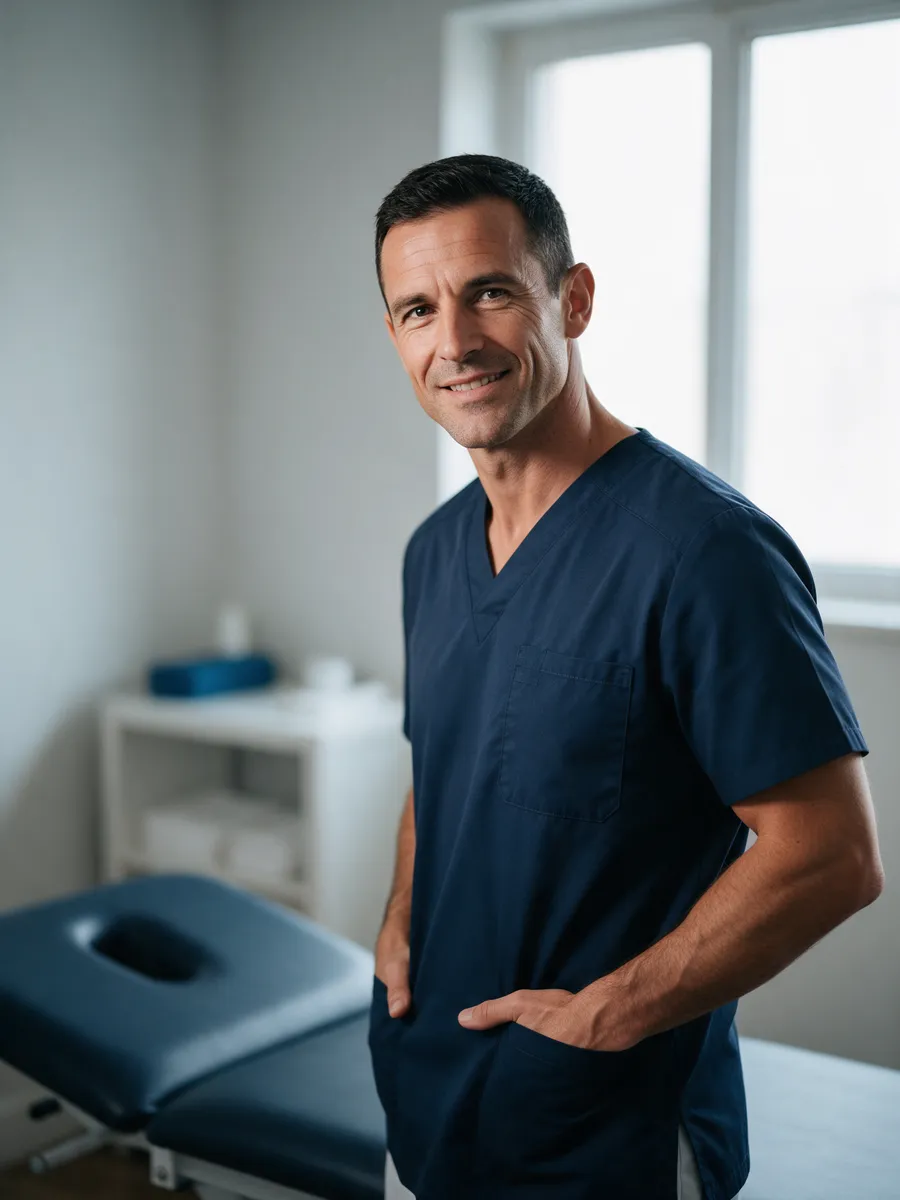 Rhys Morgan, an osteopath in his forties with short dark hair and a navy clinical tunic, standing beside a treatment couch