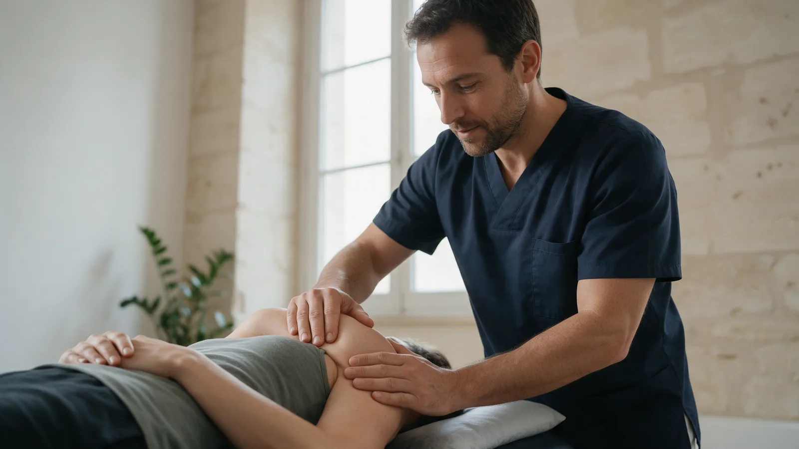An osteopath treating a patient's shoulder on a couch in a light treatment room with limestone walls