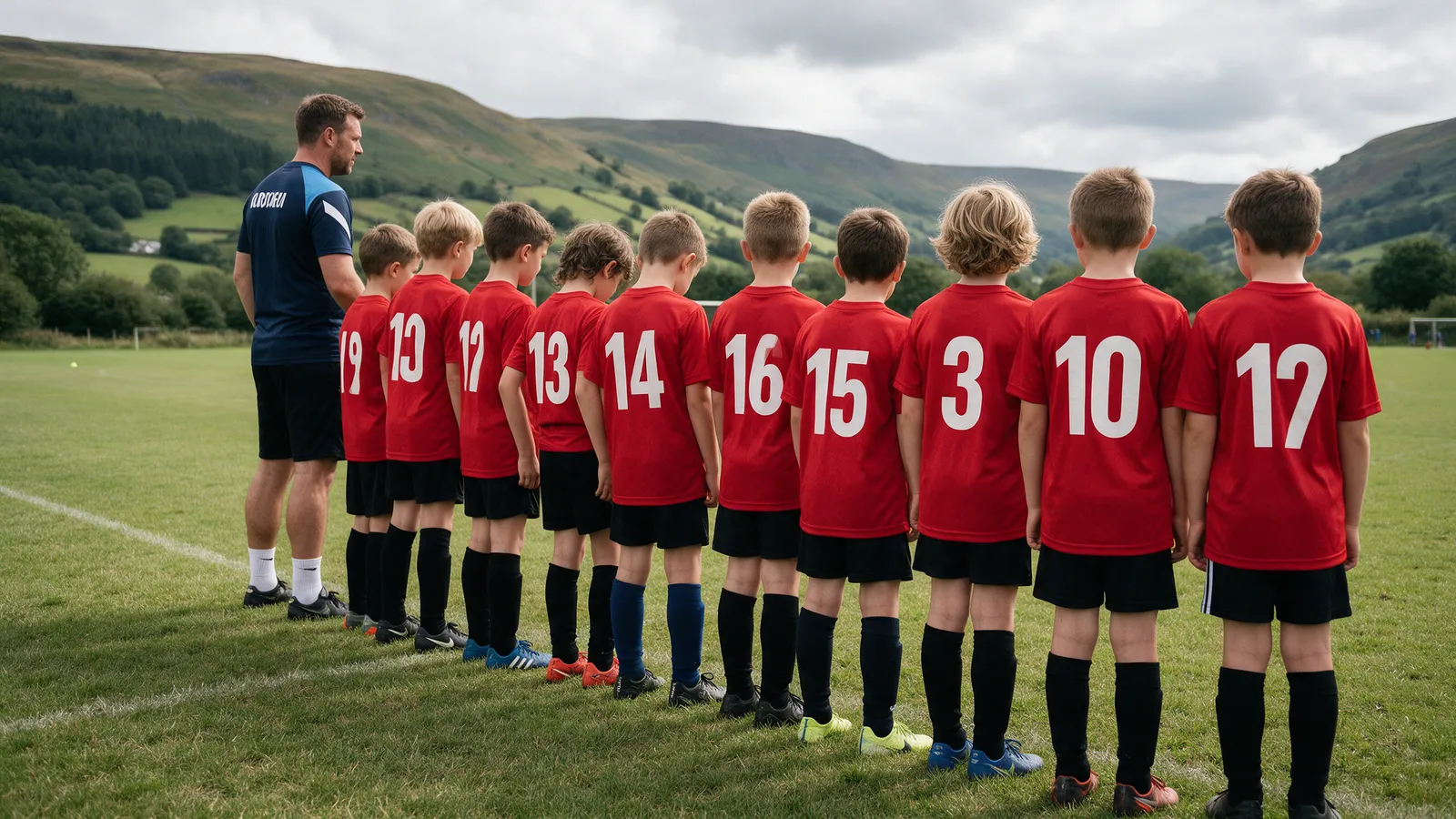 A junior football team in matching red shirts with white numbers lined up on a grass pitch, a coach in a navy training top beside them