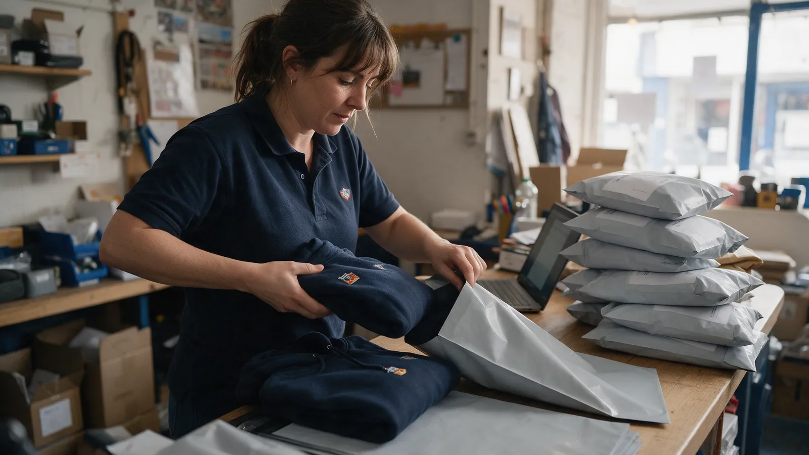 A member of staff packing embroidered club hoodies into labelled parcels at a packing bench, a laptop showing an order list beside her