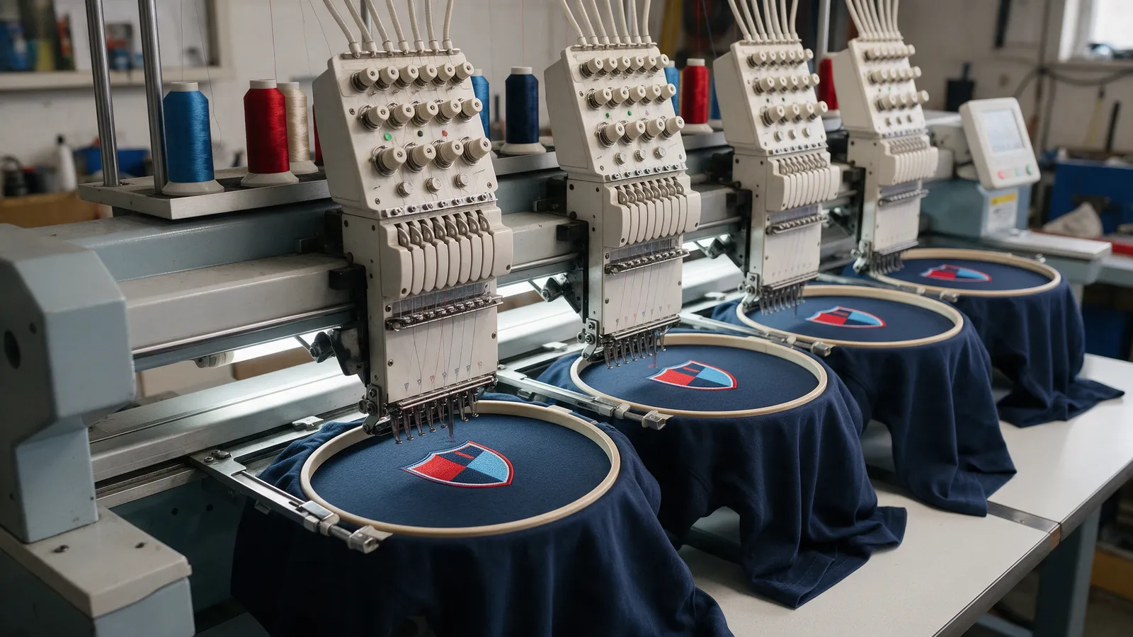 A six-head embroidery machine stitching a red and navy club badge onto shirt fronts, spools of coloured thread above