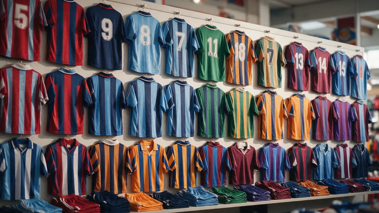 A sportswear shop wall of club football and rugby shirts in many colours with printed numbers, hung in rows above folded shorts