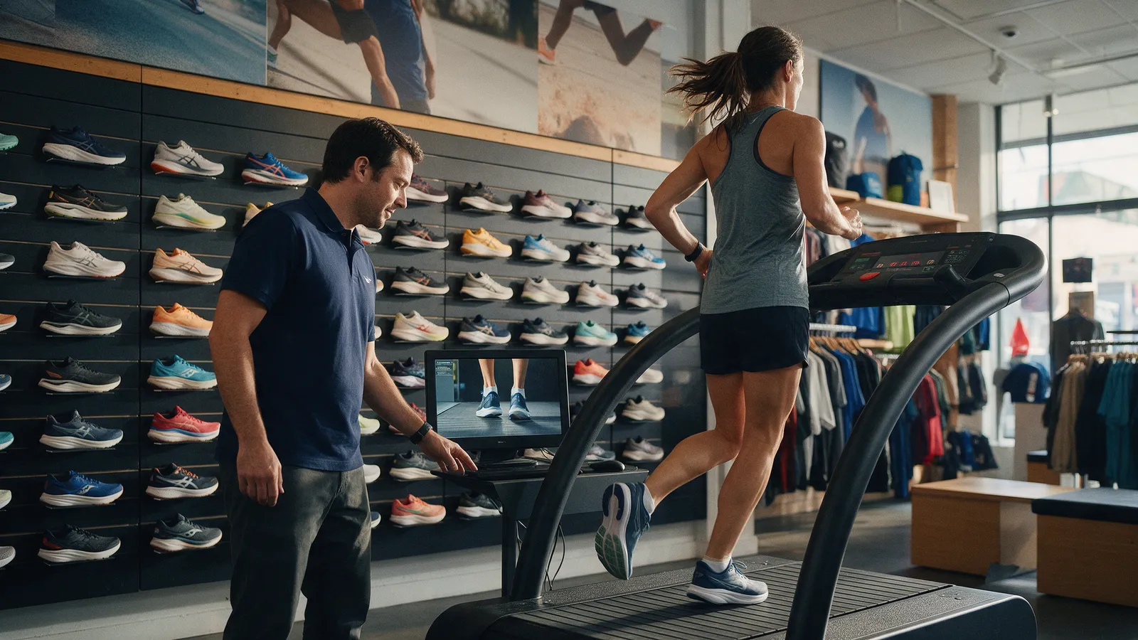 A runner jogging on a treadmill in a sportswear shop while a member of staff watches the feet on a screen, a wall of running shoes behind