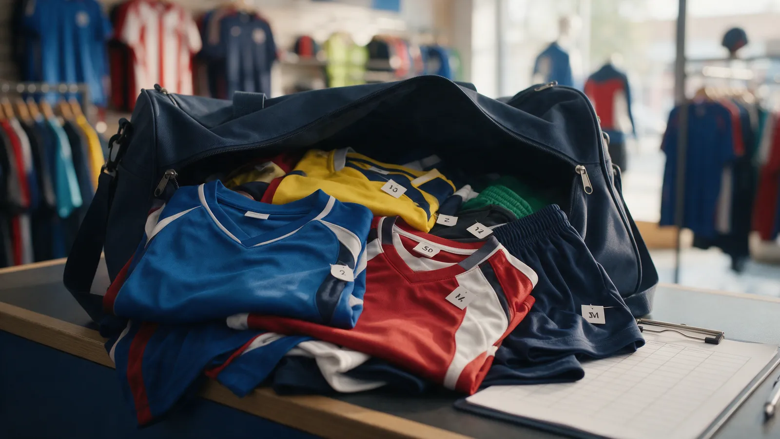 A kit bag open on a shop counter with folded sample shirts in every size, each with a size tag, and a printed sizing sheet on a clipboard