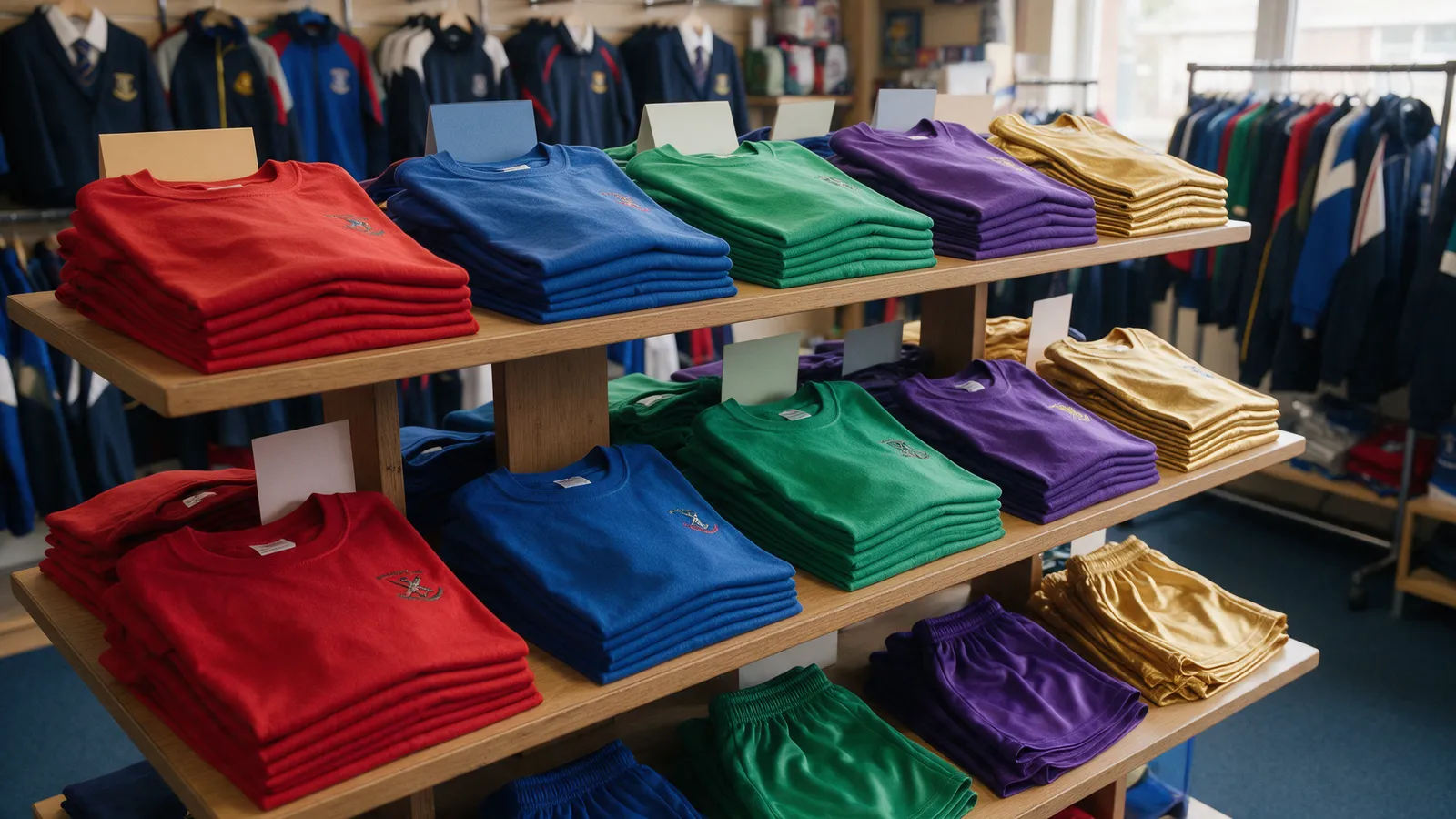 Shelves of folded children's PE T-shirts and shorts in school colours with embroidered logos, sorted by size in a uniform shop