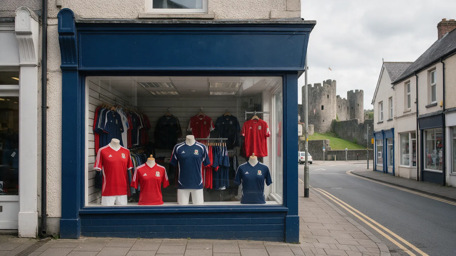 A small sportswear shop with a navy shopfront and club shirts in the window on a Caerphilly street, the castle walls in the distance