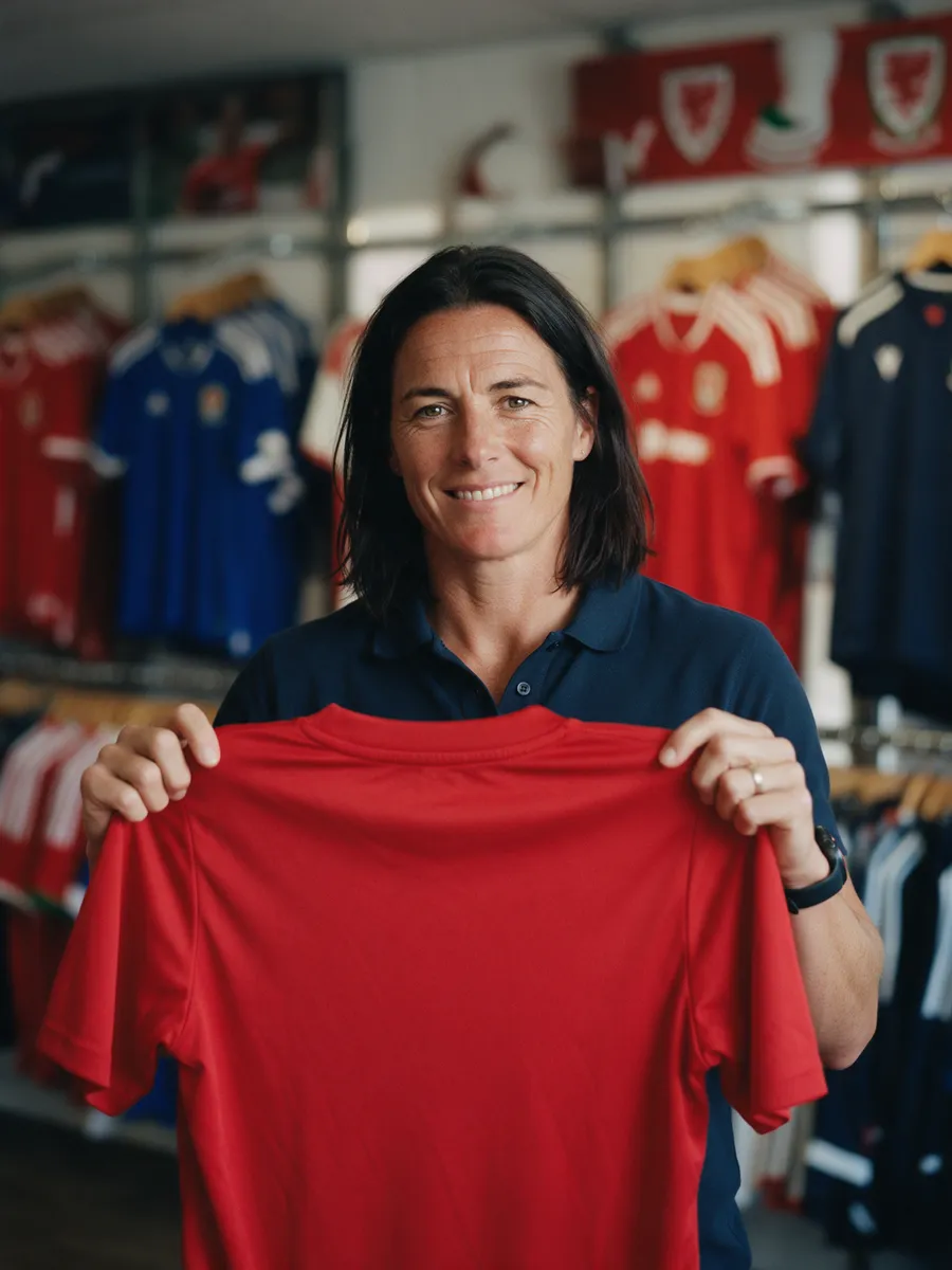 Nia Price, a woman in her mid-forties with shoulder-length dark hair, in a navy branded polo shirt, holding a red football shirt up to the camera in a sportswear shop