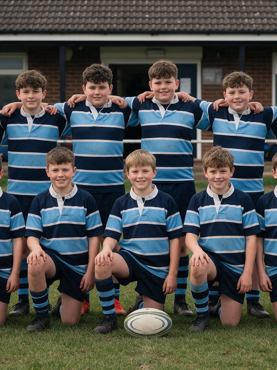 A junior rugby team in new navy and sky kit posing for a team photograph in front of a clubhouse, coaches standing at each end