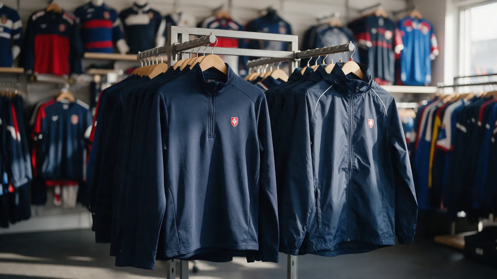 A rail of navy quarter-zip training tops and rain jackets with embroidered club badges in a sportswear shop