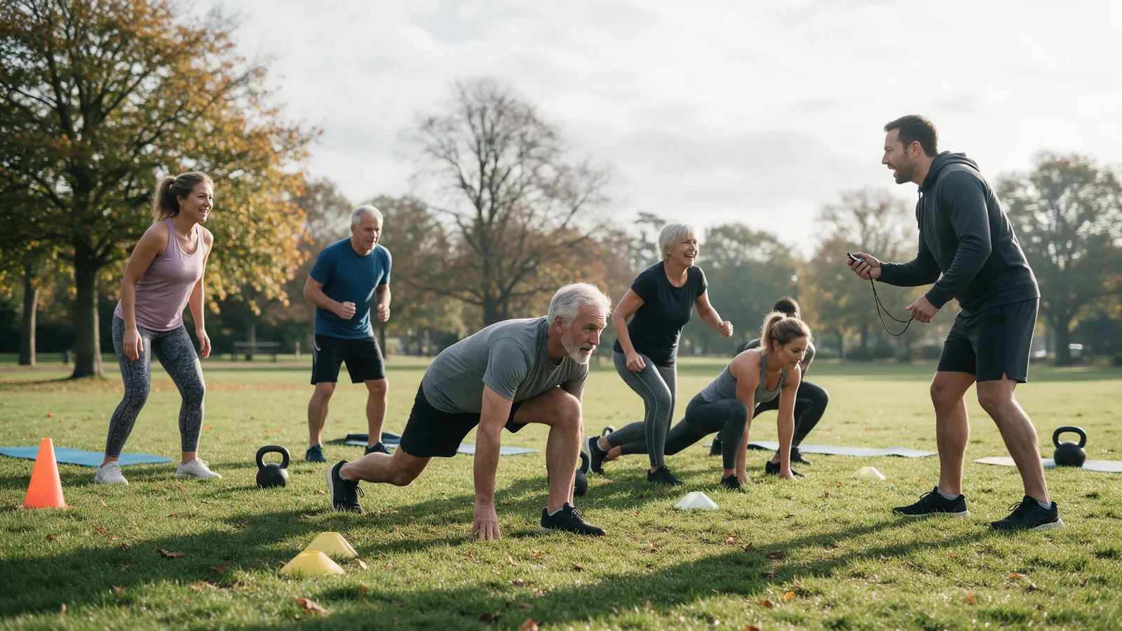 Six adults of mixed ages doing a circuit on park grass with cones, kettlebells and mats while a trainer with a stopwatch encourages them
