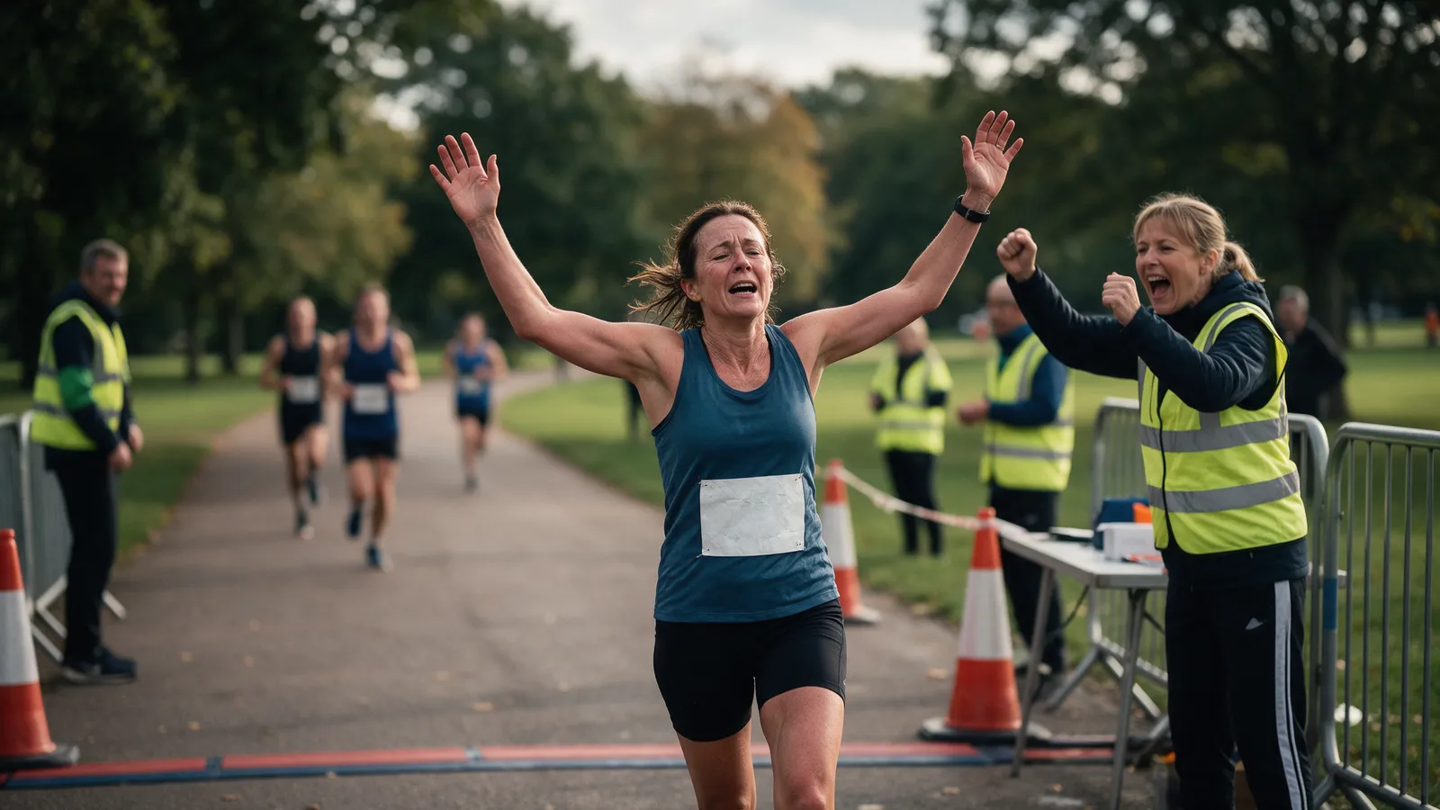 A woman in her forties crossing the finish line of a park 10k run with her arms up, exhausted and elated, a trainer at the barrier cheering
