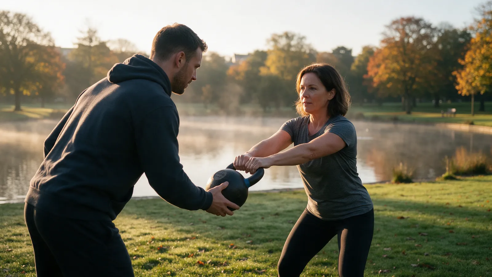 A personal trainer in a dark hoodie coaching a woman in her forties through a kettlebell swing on park grass at sunrise, a misty lake and autumn trees behind