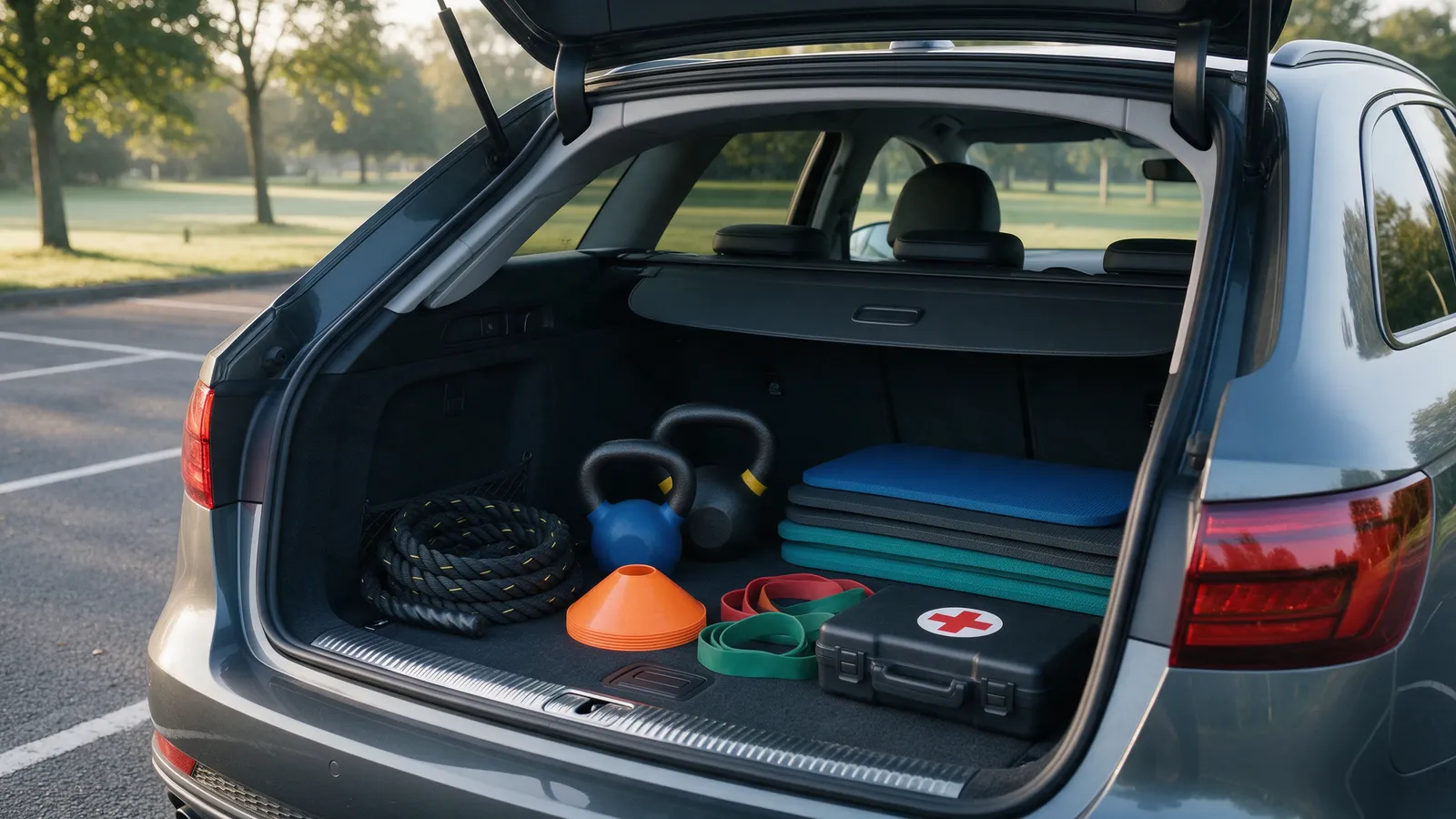 The open boot of an estate car in a park car park, neatly packed with kettlebells, battle ropes, cones, mats, bands and a first-aid kit