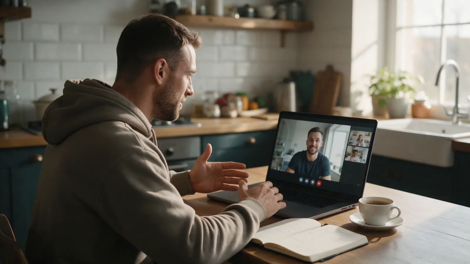 A personal trainer at a kitchen table on a laptop video call with a client, a notebook and a coffee beside him