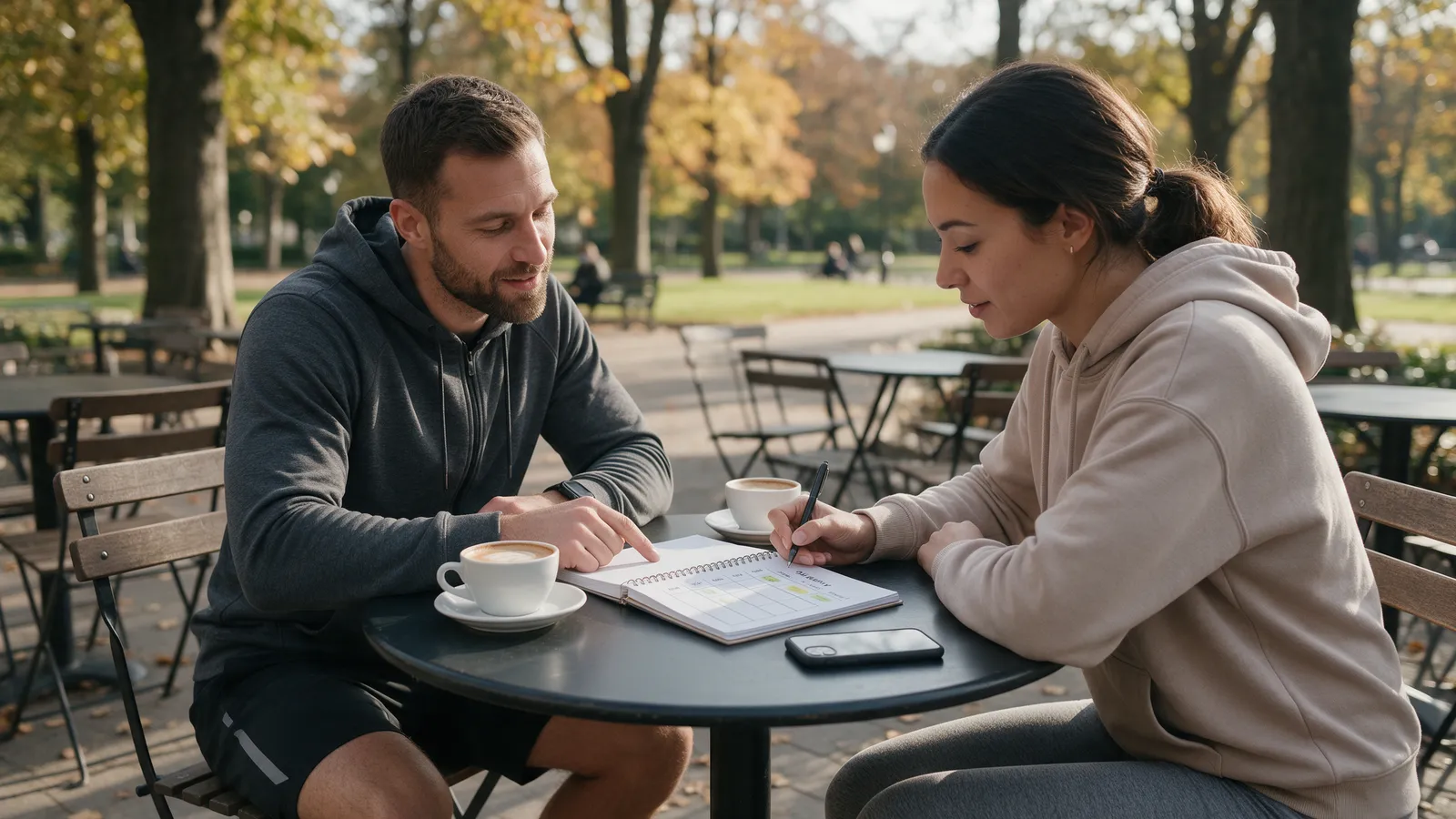 A trainer and a client at a park café table with two coffees, looking at a notebook with a simple weekly plan