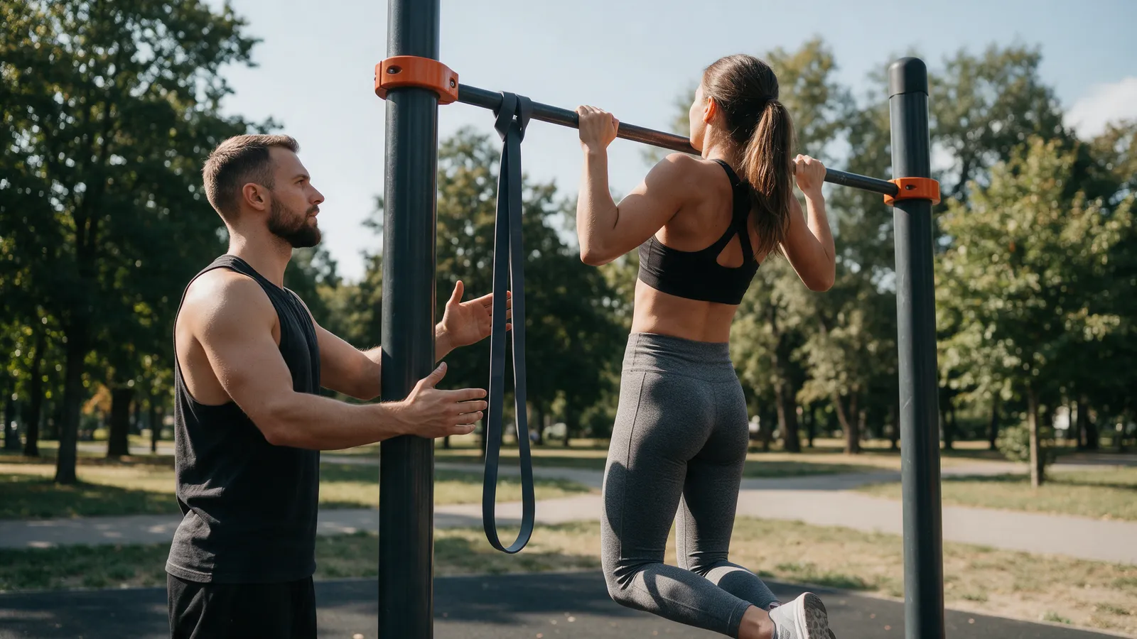 A woman doing assisted pull-ups on an outdoor calisthenics frame in a park with a trainer spotting her, a resistance band round the bar