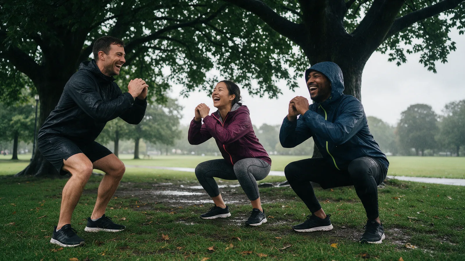 A trainer and two clients doing squats under the shelter of big park trees in light rain, all in waterproof jackets and laughing