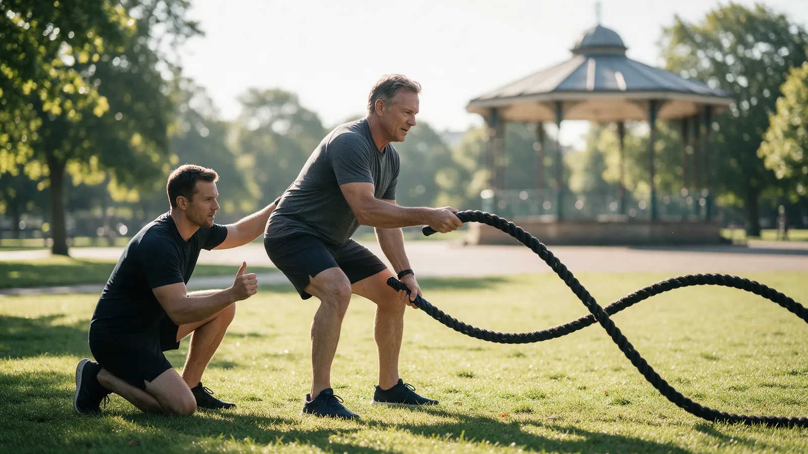 A man in his fifties doing battle ropes on park grass with a trainer kneeling beside him counting, a bandstand and trees behind