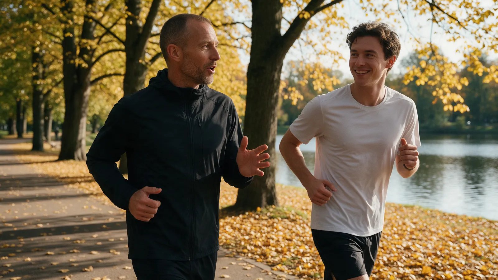 A trainer running alongside a beginner runner on a tree-lined park path by a lake in autumn, both smiling