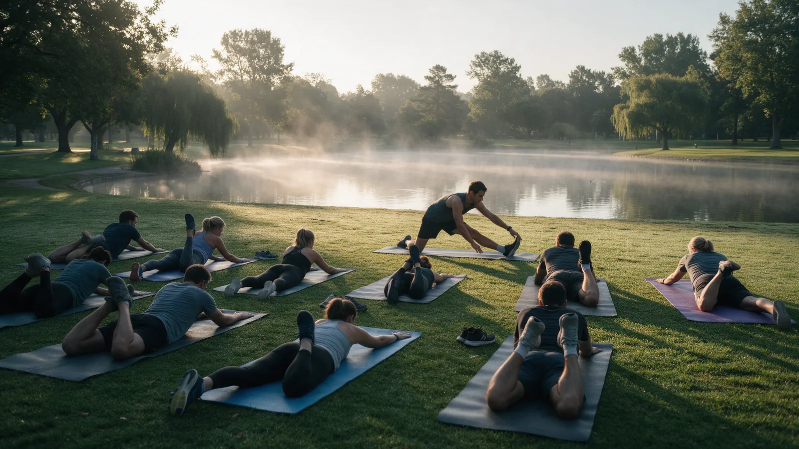 A small group cooling down with stretches on mats on a lawn beside a park lake at sunrise, mist on the water