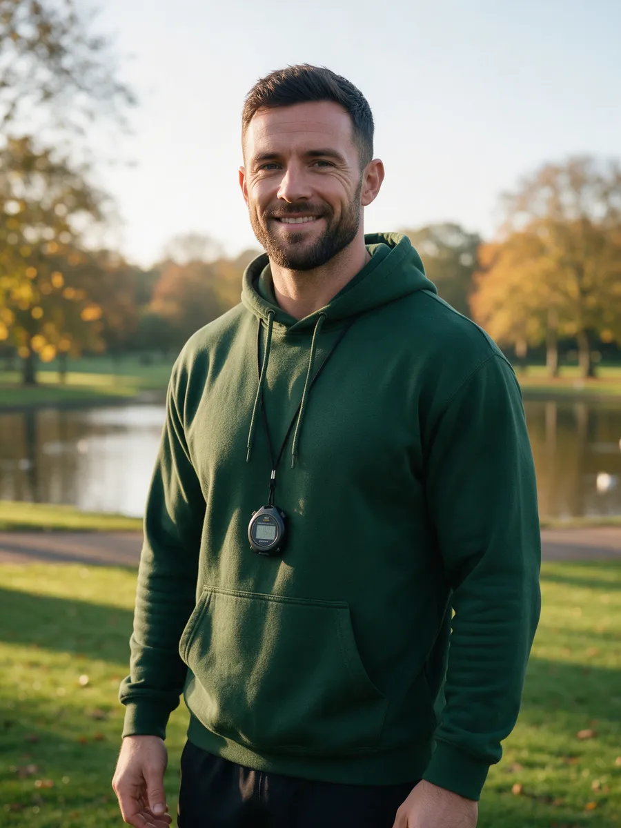 Gethin Price, a Welsh personal trainer in his mid-thirties with short dark hair and a beard, in a dark green hoodie with a stopwatch on a lanyard, standing on park grass with a lake behind