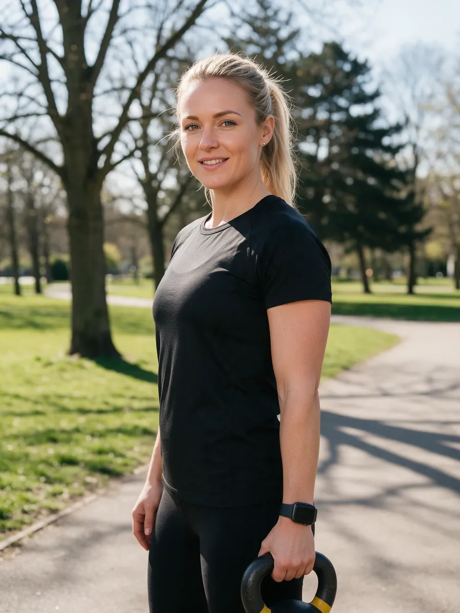 Hanna Lewis, a woman personal trainer in her early thirties with blonde hair in a ponytail, in a plain black training top holding a kettlebell, standing on a park path with trees behind