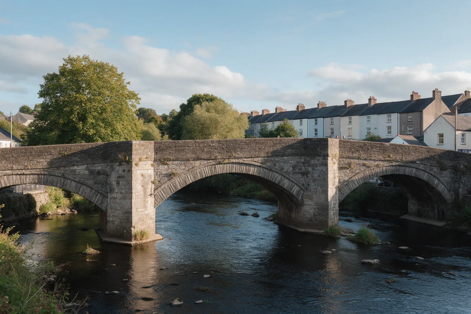 An old stone bridge over a river in a Welsh market town with trees and terraced houses behind