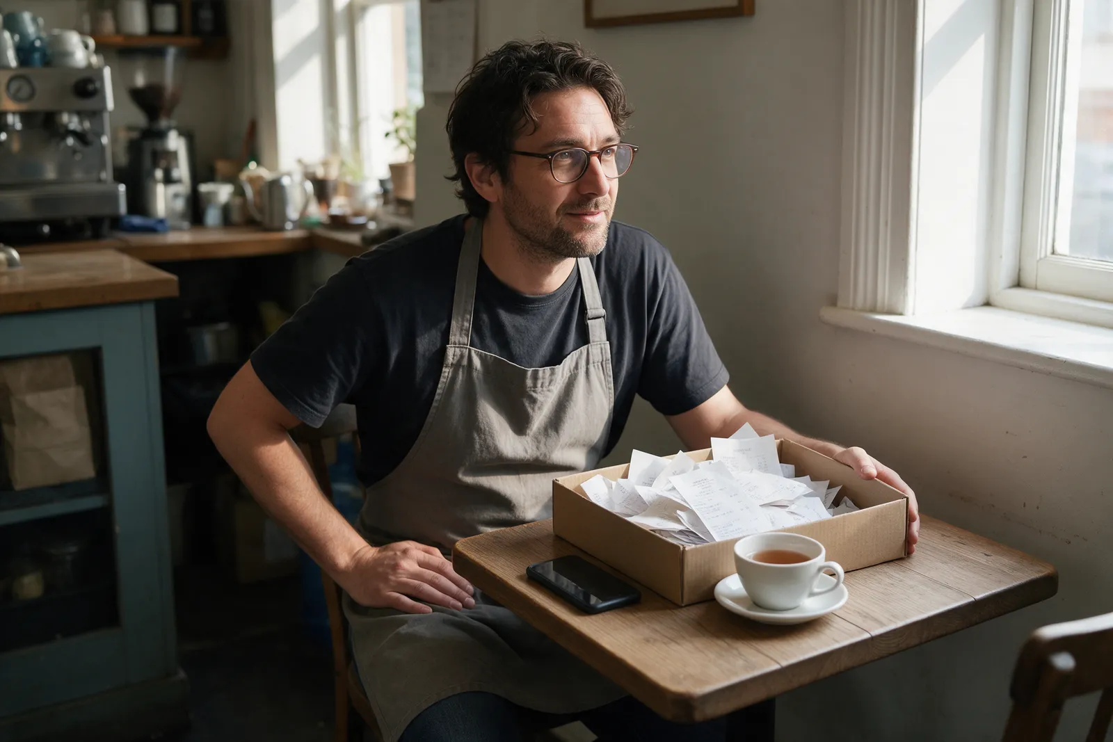 A café owner in an apron at a small wooden table with a shoebox of receipts, a phone and a cup of tea in morning light