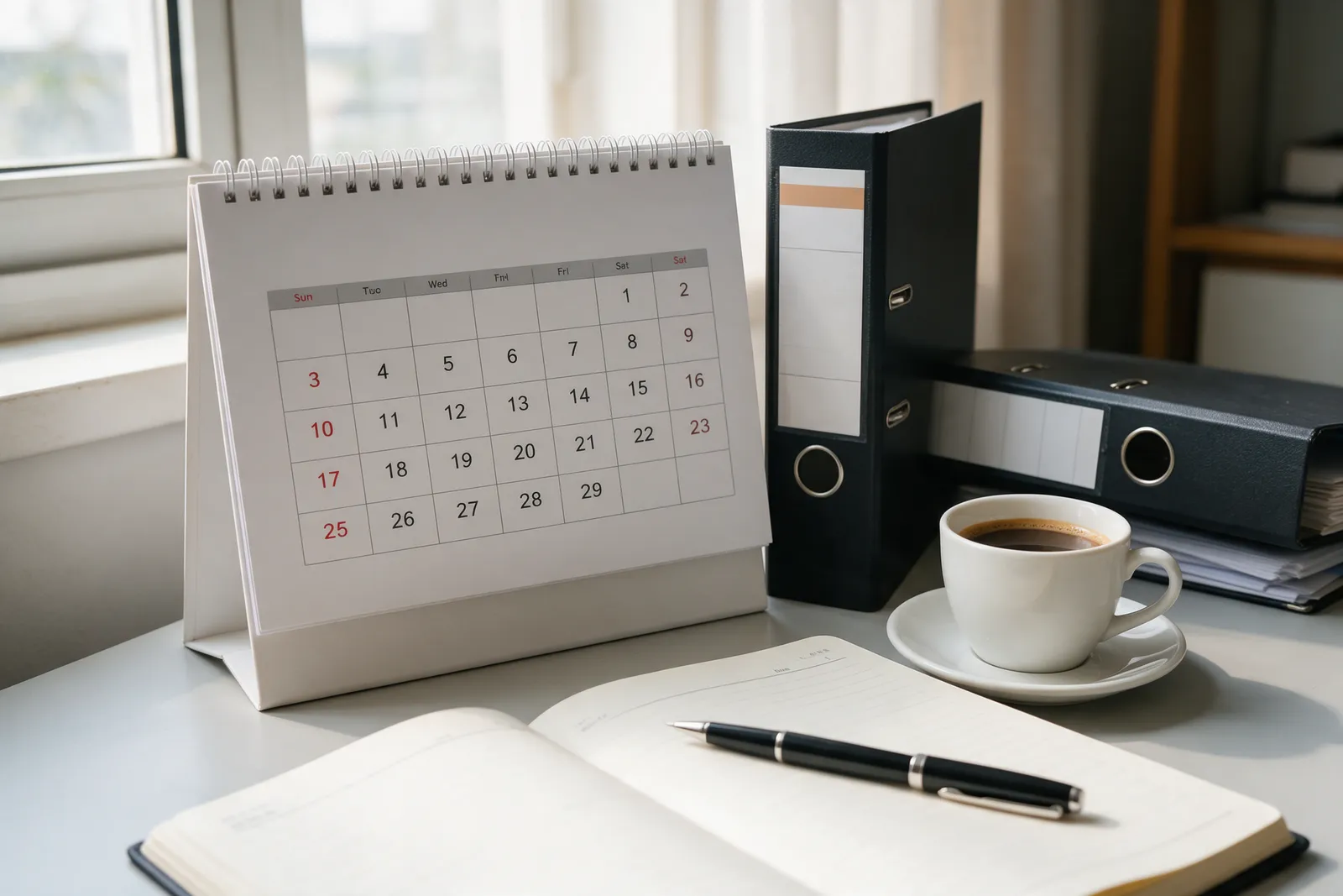 A wall calendar and a lever-arch folder on a desk beside a window, a cup of coffee and a pen laid across an open diary