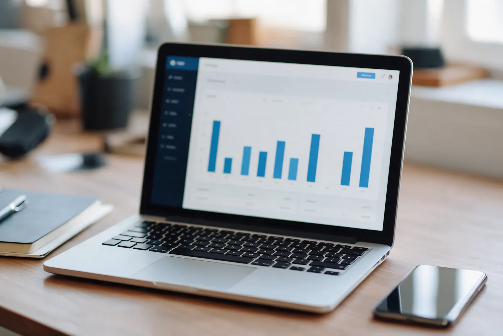 A laptop on a desk showing a clean bookkeeping dashboard with bar charts, a smartphone, a notebook and a pen beside it