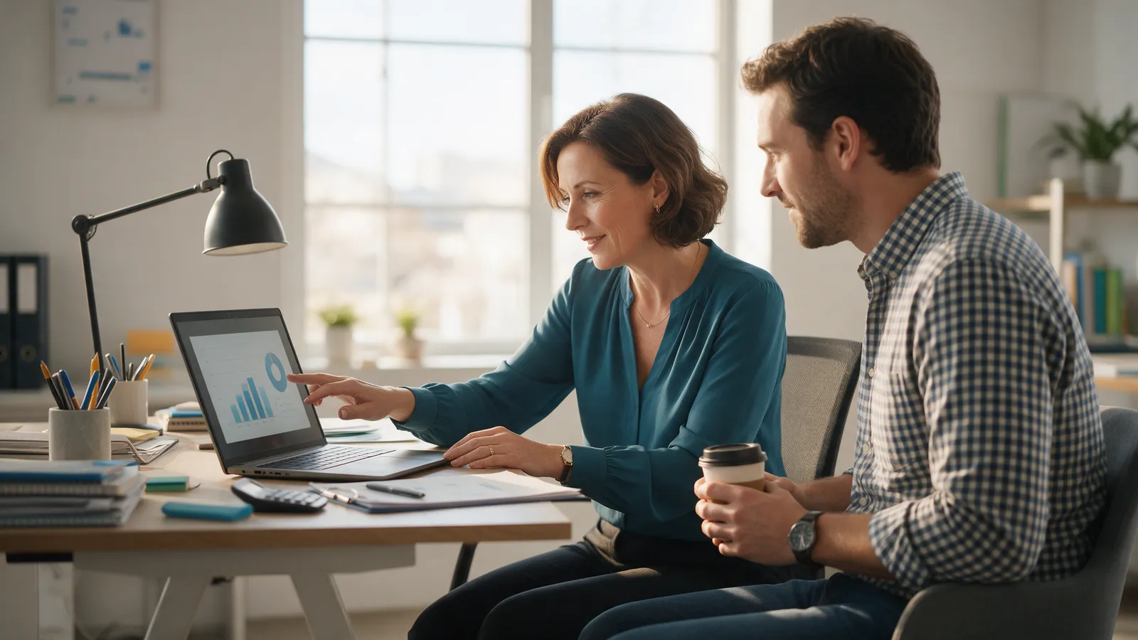 An accountant in her forties in a teal blouse at a tidy desk with a laptop, showing a chart on the screen to a man in a checked shirt holding a coffee