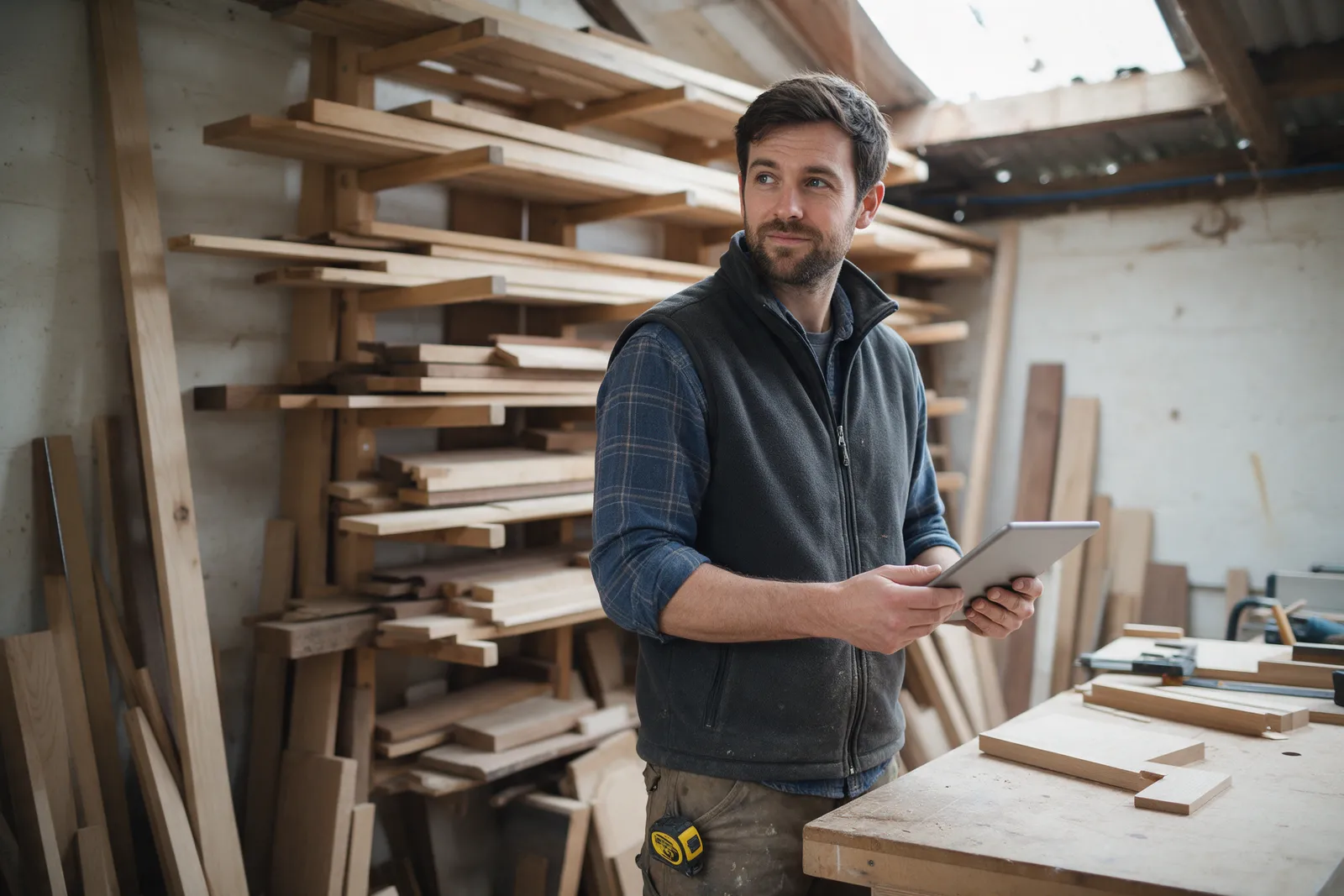 A joiner in his thirties standing in his small workshop beside a workbench with a tablet in his hand, timber racks behind him