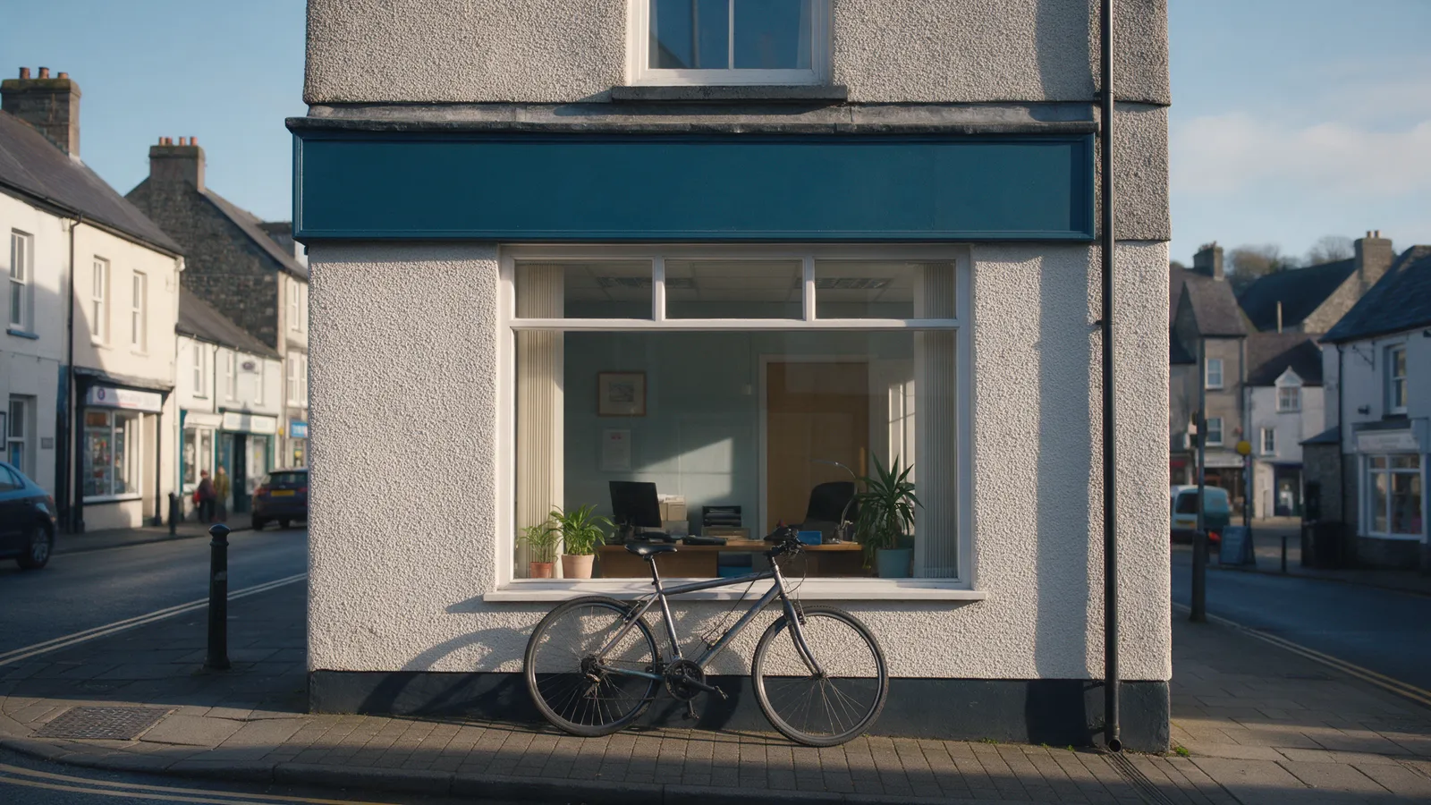 A small accountancy office front on a Welsh market-town street, a dark teal fascia, a large window with desks and plants visible inside and a bicycle leaning outside