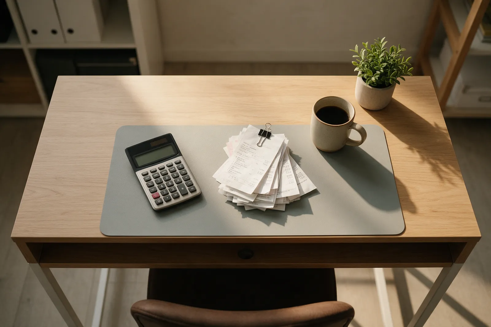 A neat desk with a calculator, a stack of sorted receipts clipped together, a mug and a small plant, seen from above
