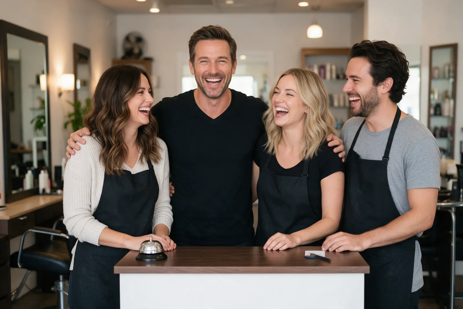 A small team of four people in a hair salon laughing together at the reception desk, the owner in the middle
