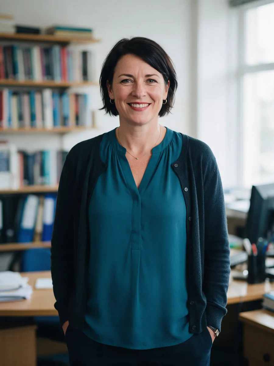 Nia Howells, a woman in her mid-forties with short dark hair in a teal blouse and dark cardigan, standing in a bright office with bookshelves