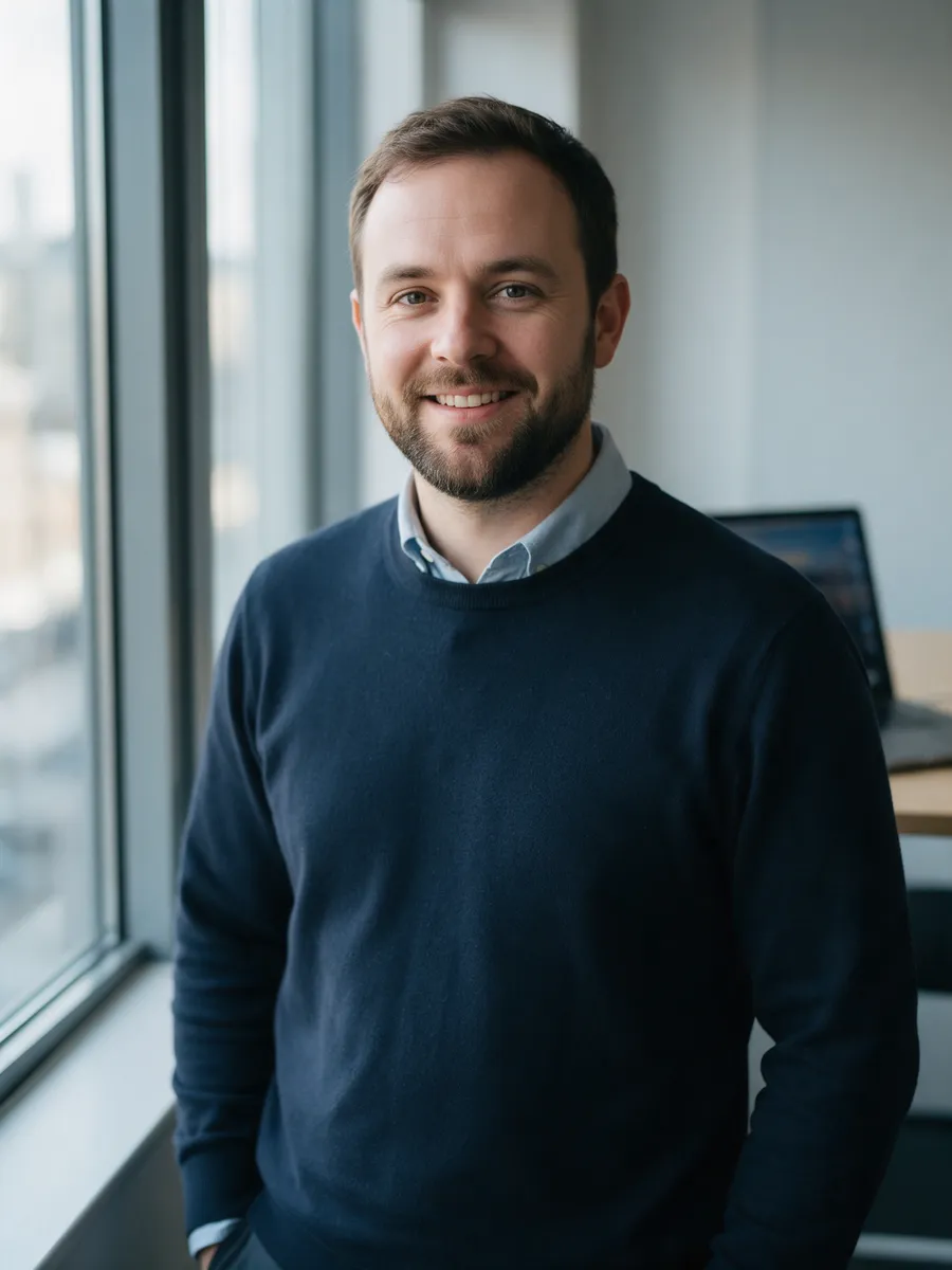 Tom Rees, a man in his mid-thirties with a short beard in a navy jumper over a shirt, standing by a window in a modern office