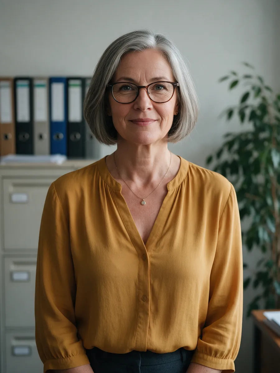 Wendy Price, a woman in her late fifties with grey bobbed hair and glasses in a mustard blouse, standing in an office with a filing cabinet and a plant