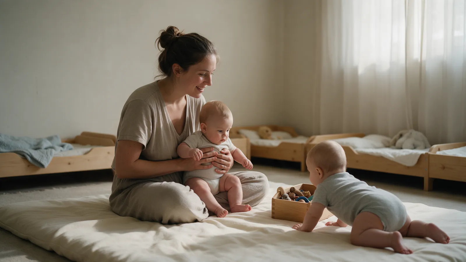 A practitioner sitting on a soft floor mat holding a baby in a calm nursery baby room, a second baby crawling towards a treasure basket