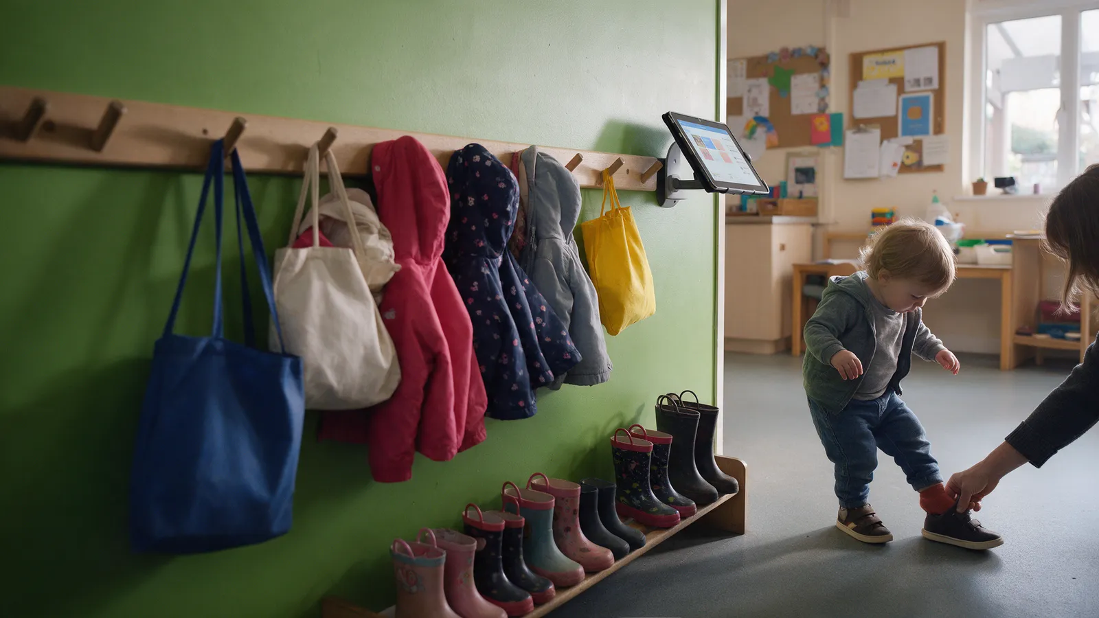 A nursery cloakroom with low wooden pegs holding small coats, tiny wellies on a boot rack and a parent helping a toddler with a shoe