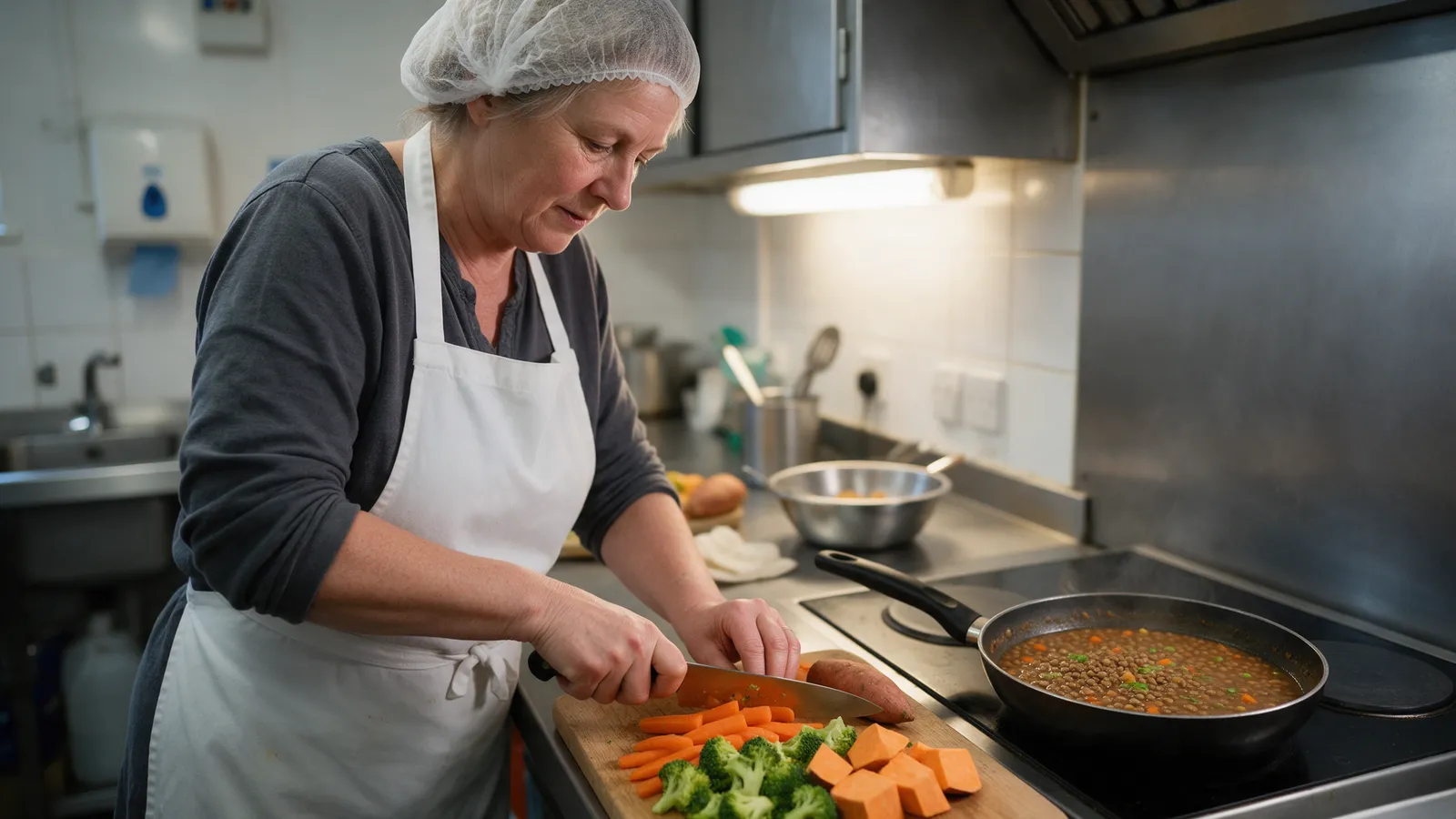 A nursery cook in a white apron and hair net chopping carrots, broccoli and sweet potato in a small clean kitchen