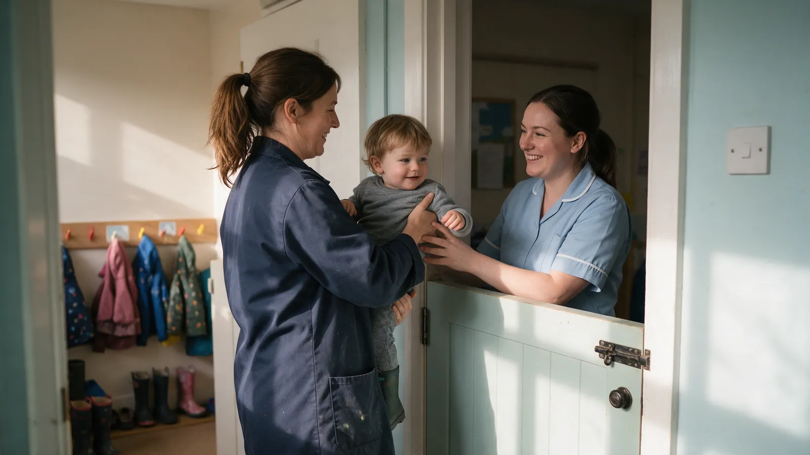 A mother in a work coat handing her two-year-old to a smiling practitioner at a half-height stable door