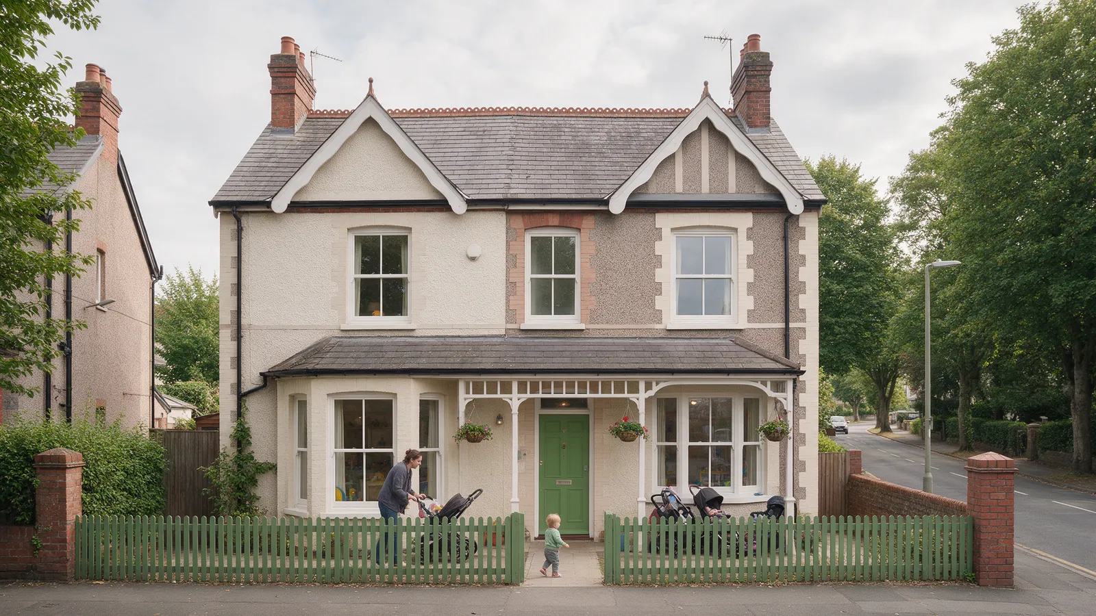 The front of a day nursery in a double-fronted Edwardian house with a green front door and a low green picket fence on a tree-lined Cardiff road