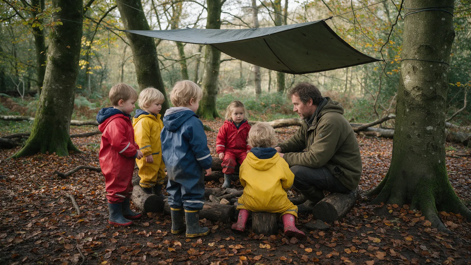 Five pre-school children in waterproof suits round a log circle with a practitioner under a tarpaulin in an autumn woodland