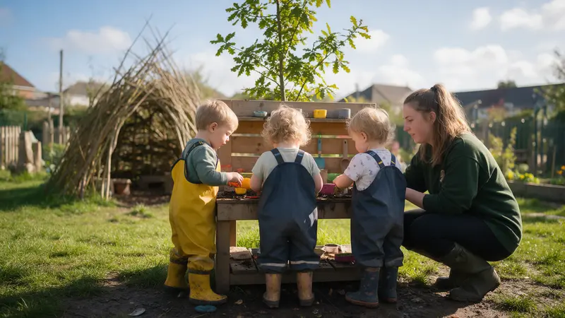 Three toddlers in wellies and waterproof dungarees playing at a wooden mud kitchen in a sunny nursery garden, a practitioner crouched beside them