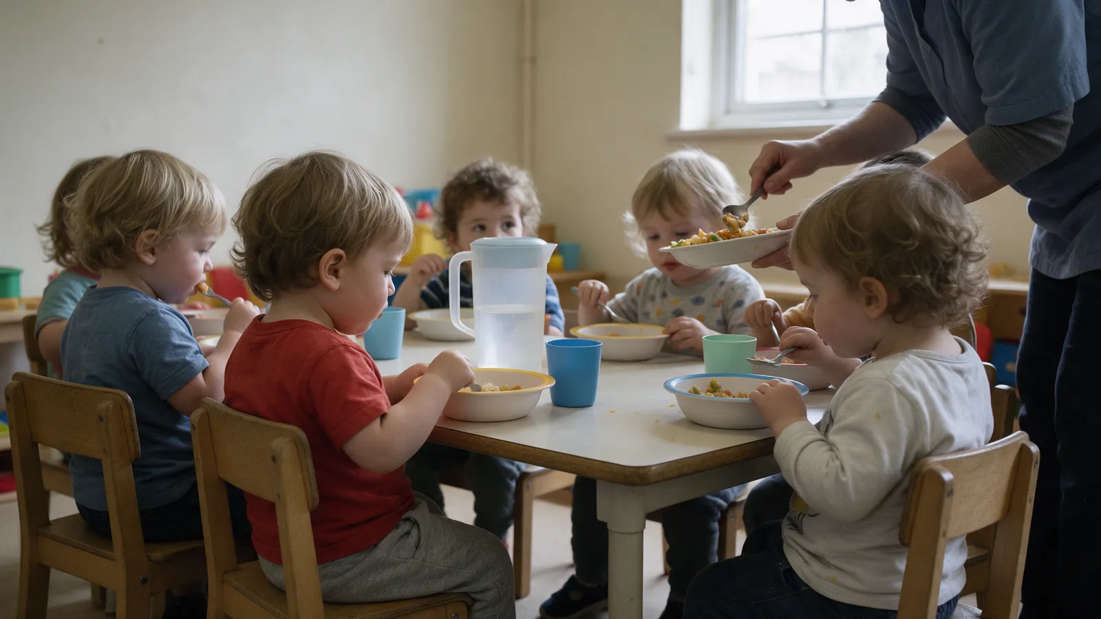 Toddlers sitting at a low table on small wooden chairs eating lunch from bowls, a practitioner serving from a dish